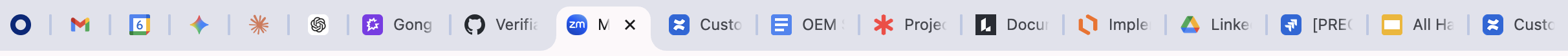 A long horizontal screenshot of ten browser tabs open at once