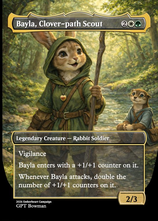 Custom Magic card: Bayla, Clover-path Scout, a rabbit soldier in green