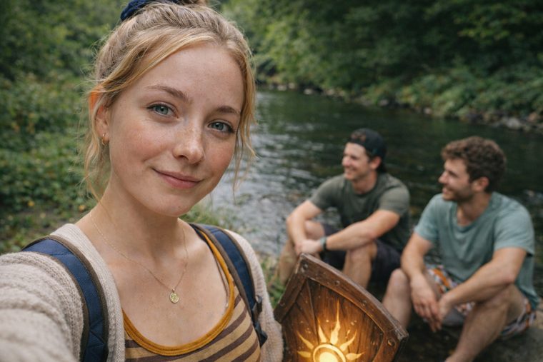 AI generated photorealistic hiking selfie that has nothing to do with a fantasy card