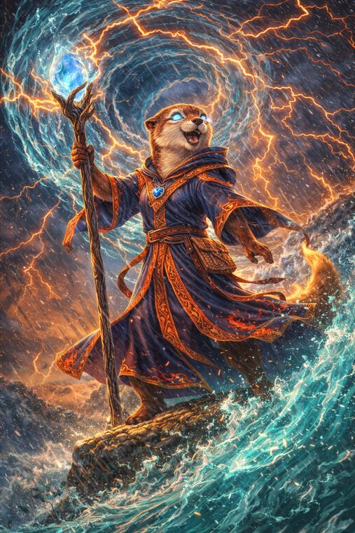 AI generated otter character that looks far too intimidating for a friendly hero card