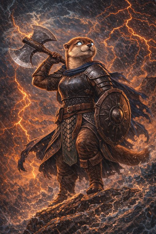 AI generated otter warrior with a battle axe in a lightning storm