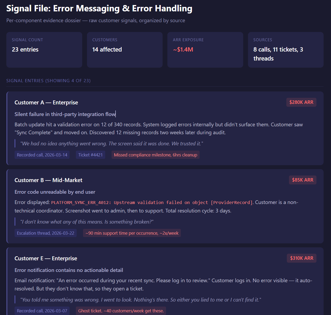 Screenshot of a signal file showing customer entries with quotes, ARR impact, and source links